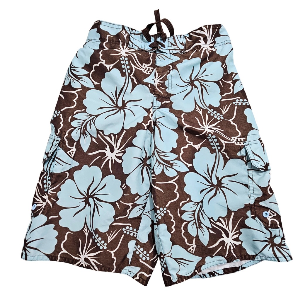 Hang Ten Men Large Brown Blue Hibiscus Floral Board Short Swim Trunks HTB11B2016